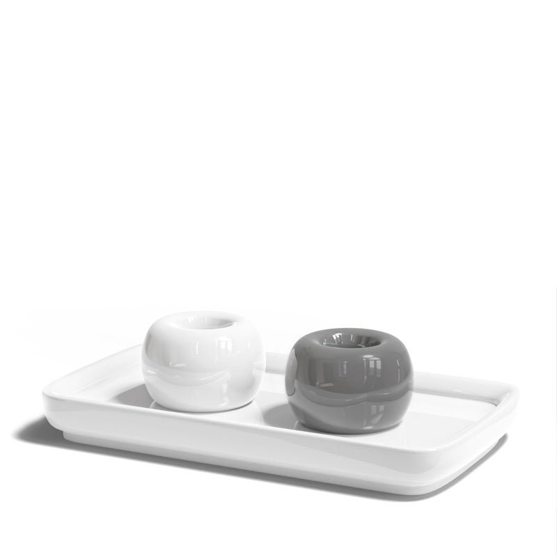 ELIKAI Ceramic Toothbrush Holder with Tray for Bathroom Countertop  Small Toothbrush Holder Stand with Toothpaste Holder  Standing Toothbrush Holder & Single Bathroom Toothbrush Organizer (Grey & White) - Image 1